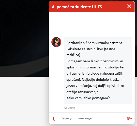 University of Ljubljana, Faculty of Mechanical Engineering Chatbot screenshot
